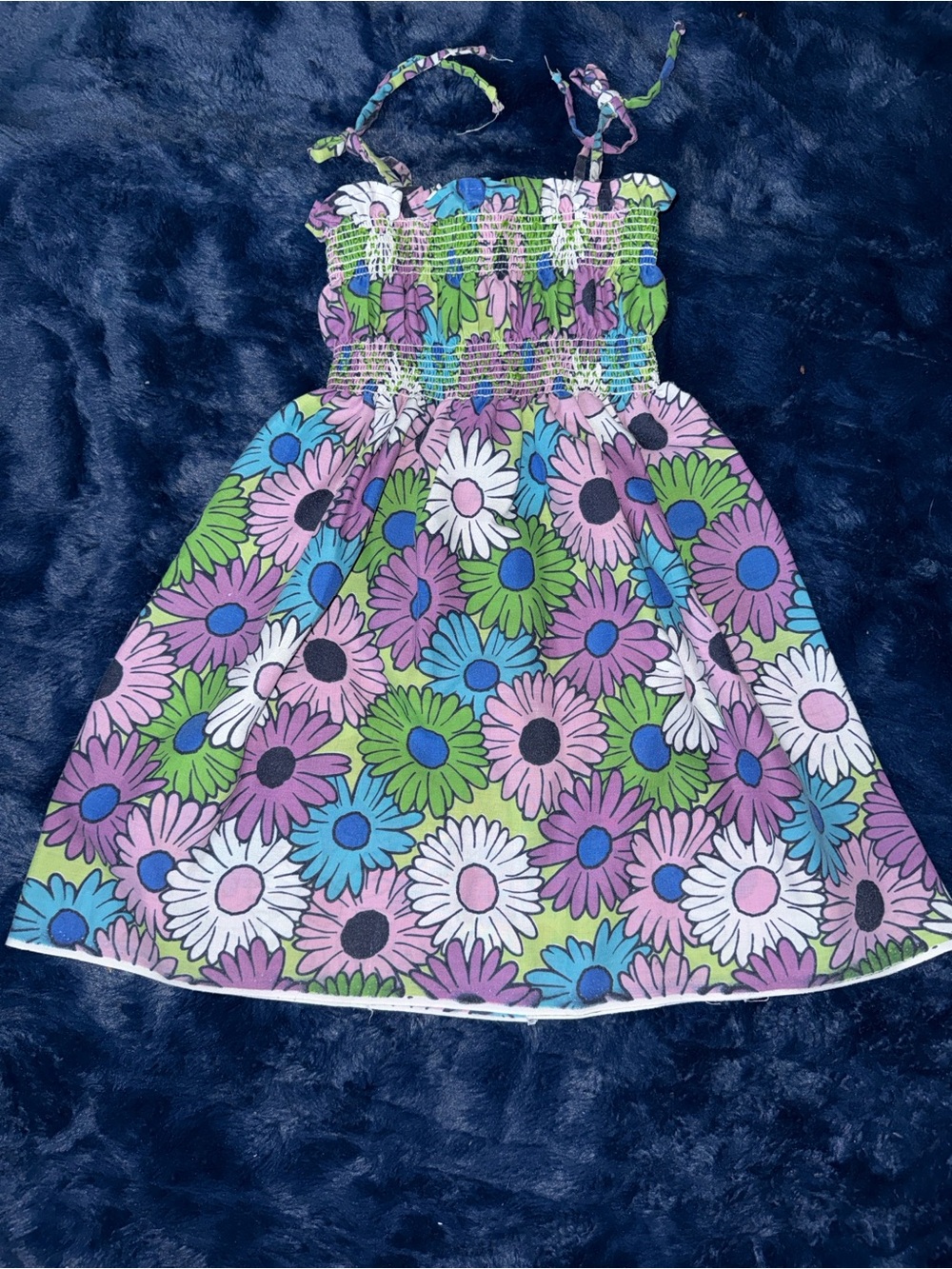 4-5T VTG Homemade Girls Floral Smocked Halter Sundress Green Blue Daisy Print